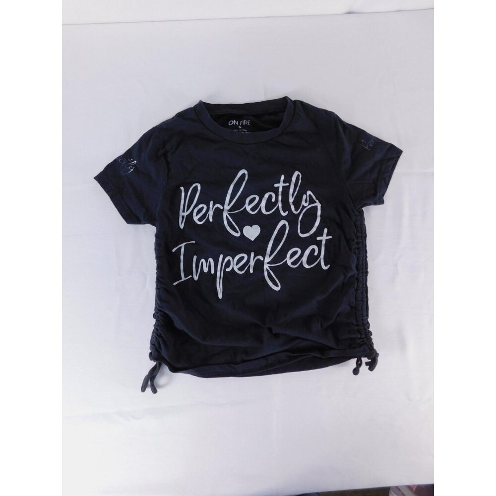 ON FIRE Shirt Girls Small Black Perfectly Imperfect Graphic Side Ruched